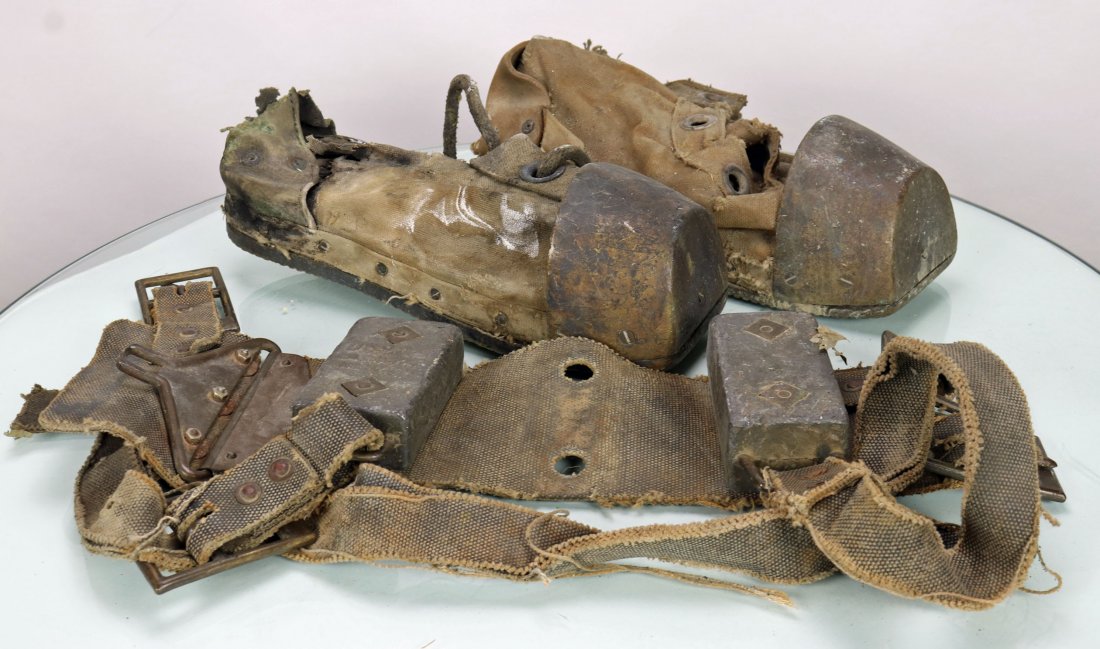 Divers Boots & Weight Belt Parts Grouping: This lot consists of a pair of divers boot which retain the brass toe, lead insole and brass corrugated sole. The section of nylon weight belt has one DESCO marked weight and buckle. Good lot for rest