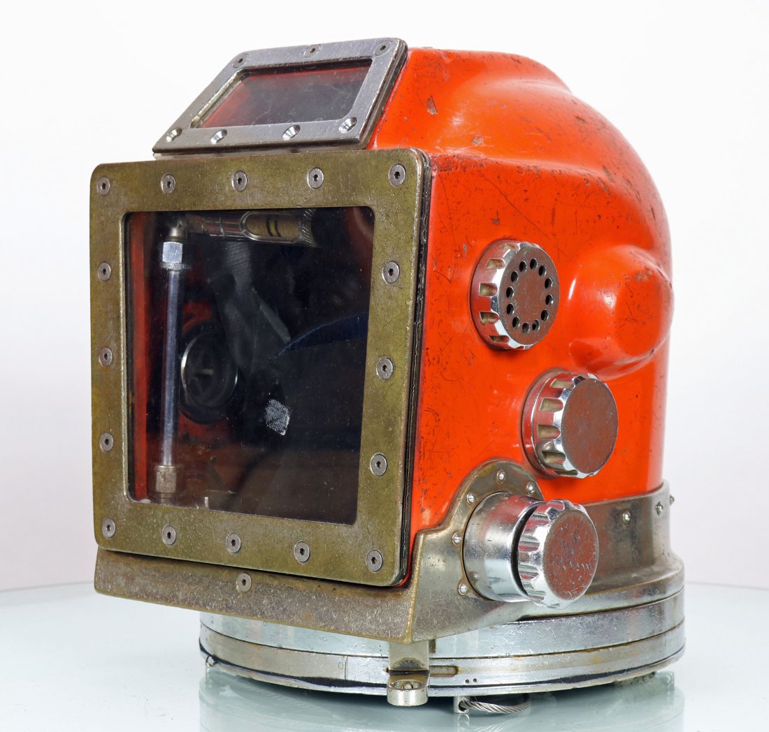 Mixed Gas Orange Swindell Fiberglass Diving Helmet: Iconic diving helmet made by Advanced Diving Equipment Company. The helmet was invented by George Swindell and became very popular with divers around the world, hence the common name giving to them, t