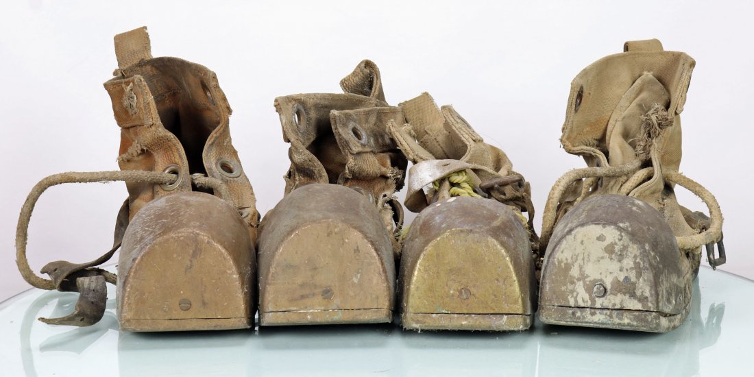 Group of 4 Canvas Lightweight Divers Boots: This is a collection of 4 lightweight divers boots. All are made with a canvas body, wood insole, brass toe and leather heal. 3 have a corrugated brass sold and one has a lead sole. All the boots are 