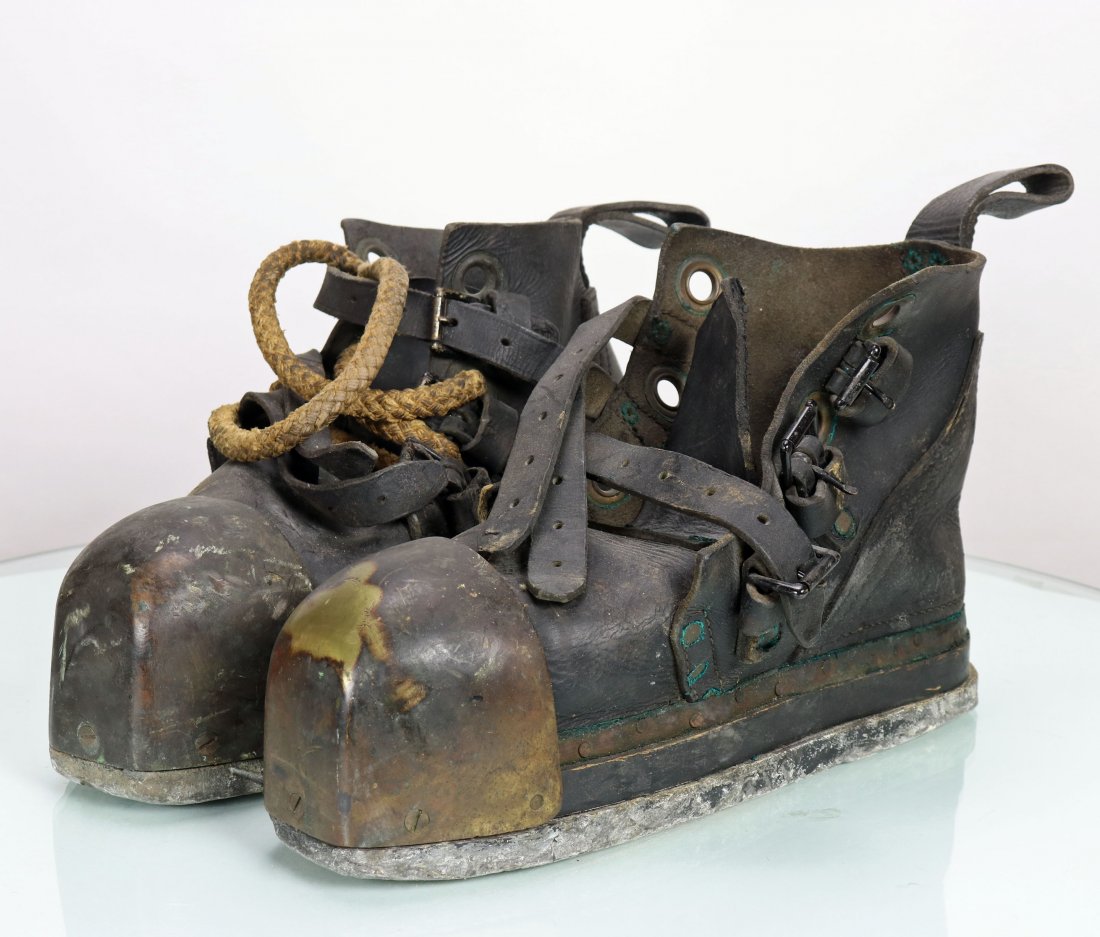 1942 Schrader Leather Diving Boots w/ Navy Stamp: Classic and seldom found heavyweight divers boots made by Schrader! This pair is stamped on the wood sole. One is dated January 1942 and the other May 1942. In addition, the brass toe on each boot has