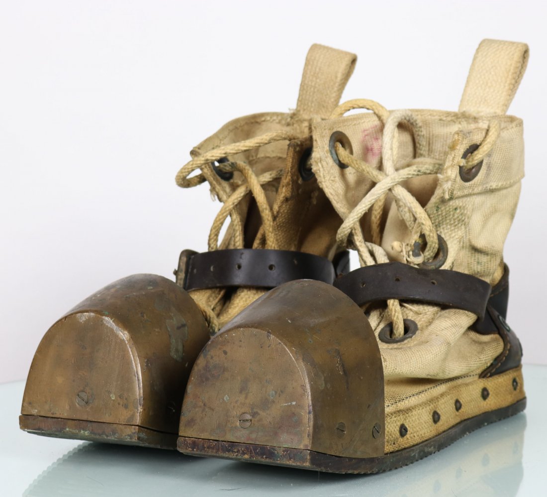 Lightweight Divers Shoes Brass Toe & Black Leather Heal: Very nice pair of lightweight style divers shoes or boots. No manufactures names present on either shoe. Their style is reminiscent of types made by DESCO and Morse. Boots are made with a canvas body,