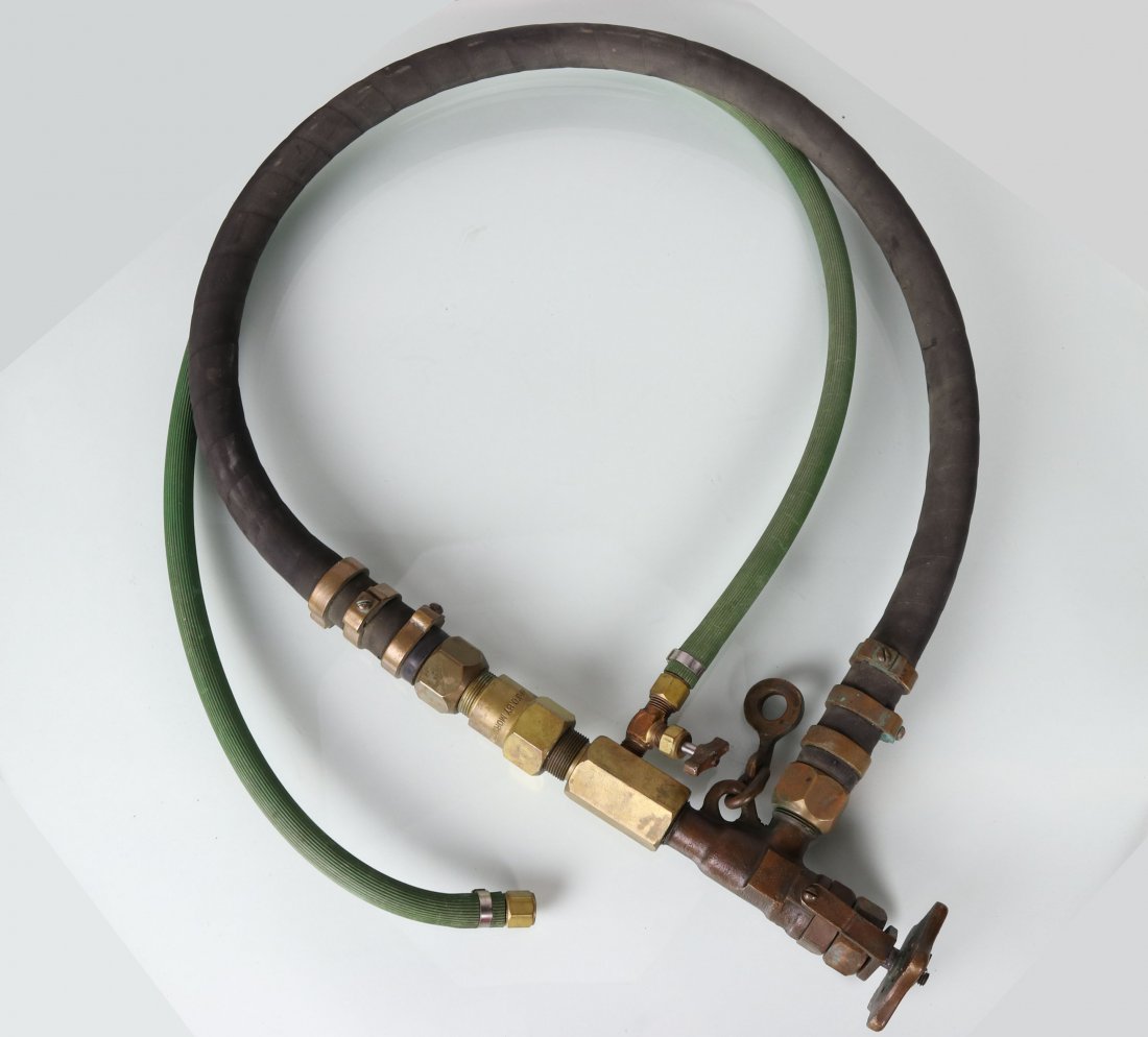 USN Mark V Divers Whip, Air Control Mixed Gas Line: Very nice complete set of equipment that go with a US Navy Mark V helium diving helmet. Components consist of a Morse Diving Equipment air control valve, 3 foot long rubber hose or whip, another 3 foo