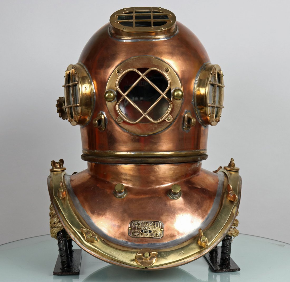 Craftsweld 4 Light 12 Bolt Commercial Diving Helmet: This is a beautiful and never used Craftsweld Equipment Company diving helmet. When this helmet was made the Craftsweld Equipment Company was in Bowie, Maryland. This company was the successor of the 