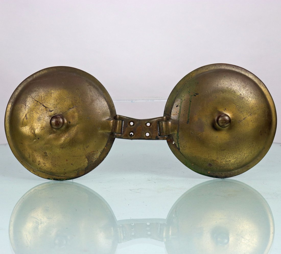 A.J. Morse & Son US Navy Divers Air Pump Gauge Covers: This is a rare complete set of sold brass air pump gauge covers. This unique pair of connect covers came of a A.J. Morse & Son United States Navy diving pump. This type of pump used this unique cover 