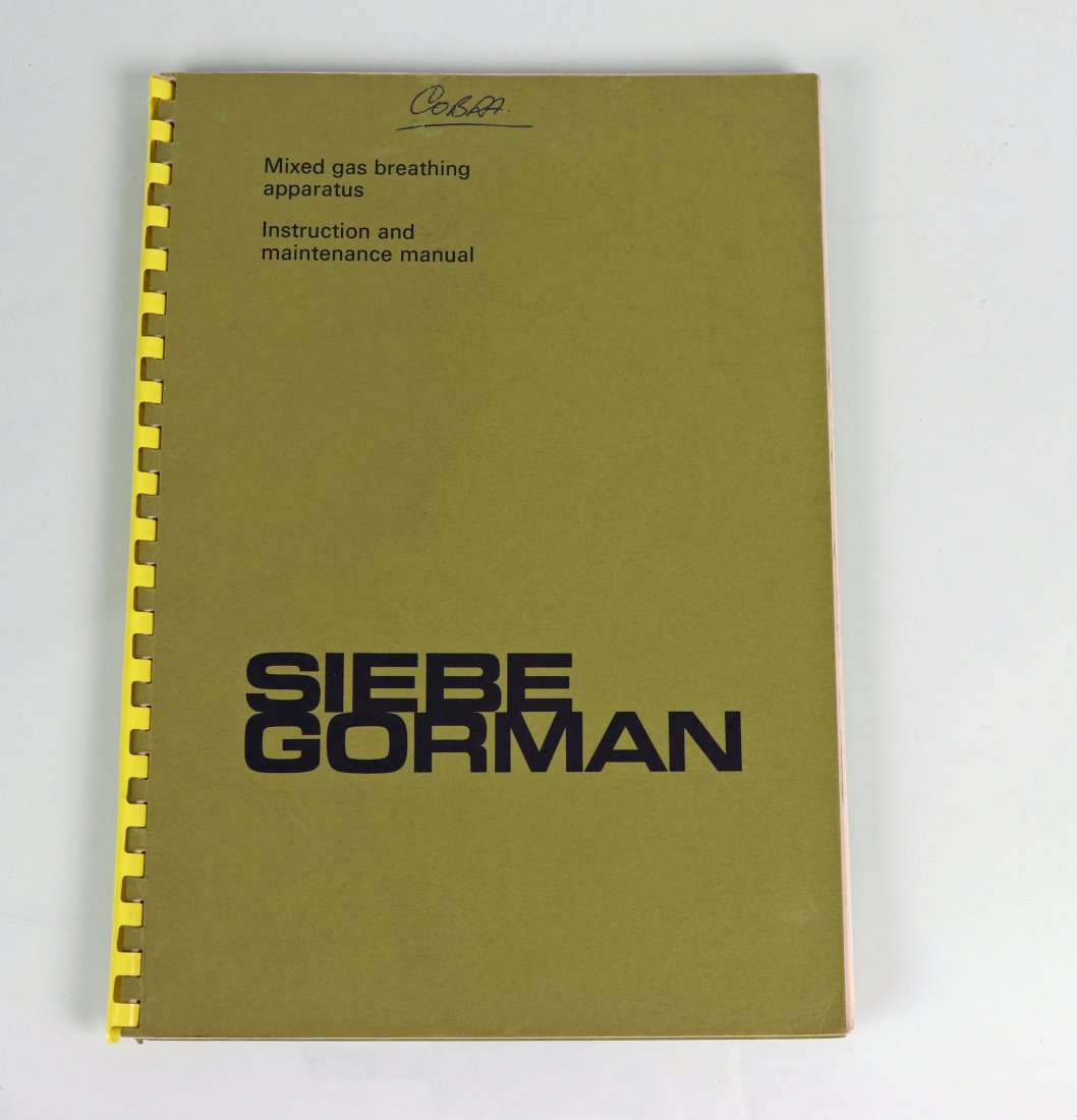 Siebe Gorman Vintage Scuba Mixed Gas Manual: A rare original Siebe Gorman instruction and maintenance manual for their COBRA Mixed Gas scuba system. The manual is in mint condition with the title COBRA hand written at the top of the front cover.