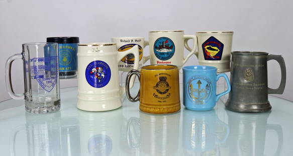 Variety of Vintage Submarine Logo Coffee Cups: This is a collection of 9 vintage cups and mugs with submarine logos on them. All are in used condition but have no noticeable chips. The following information on each are: Submarine Commanders