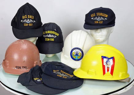 Submarine Construction Hard Hats & 5 Ball Caps: This collection of authentic submarine hats includes the following; hard hats from the USS Ohio SSBN 726, Submarine Squadron 2, and SSN 720. There is also five black ball caps from the USS Dace, USS A