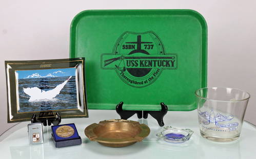 Grouping Of Vintage Submarine Memorabilia #1: This is a great collection of vintage submarine items. The grouping includes the following; green serving tray from SSBN 737 USS Kentucky, plate SUBROC U.S. Navy Made by Goodyear Aerospace