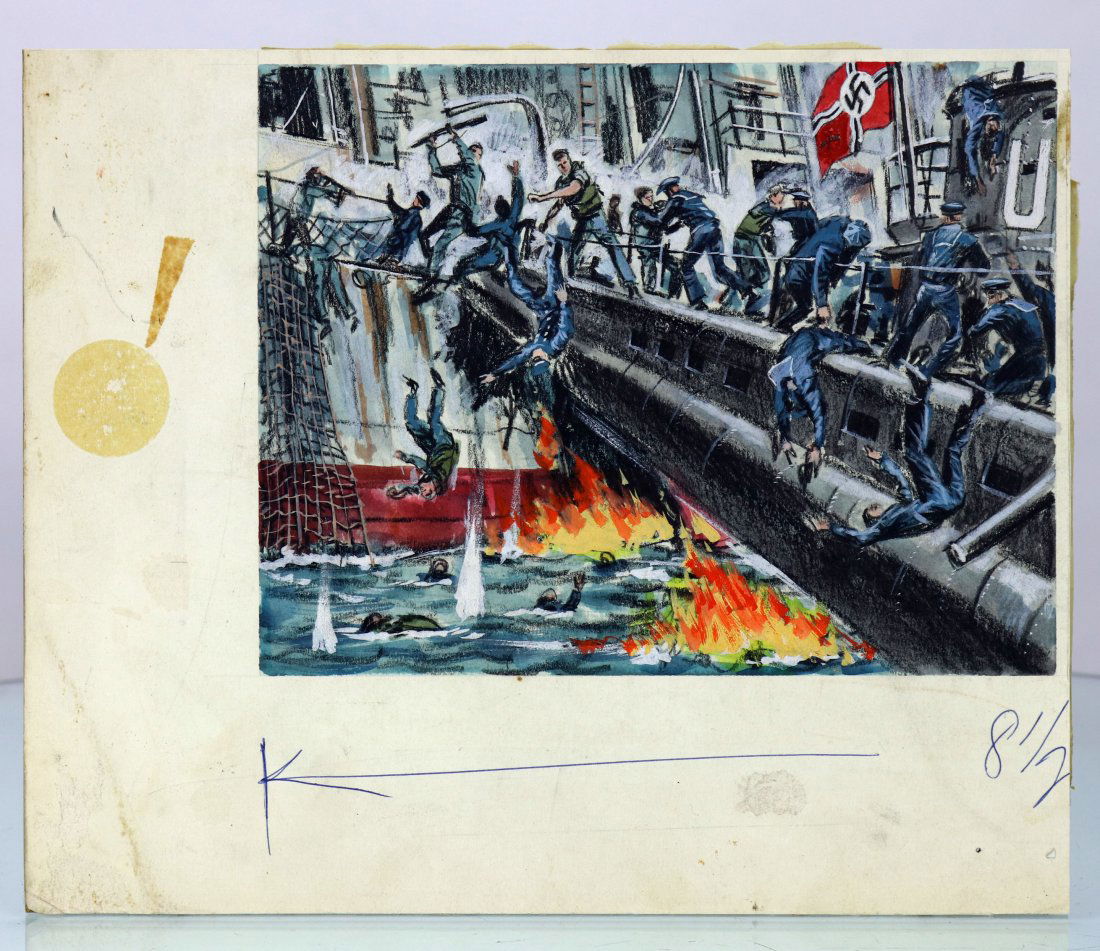 Original German U Boat & Ship Battle Scene Illustration (1 of 2)