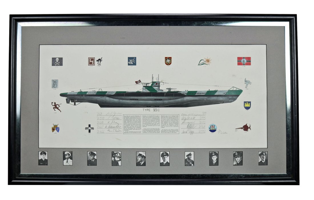 Framed German U-Boat Type VIIC Print Signed By Captains (1 of 7)