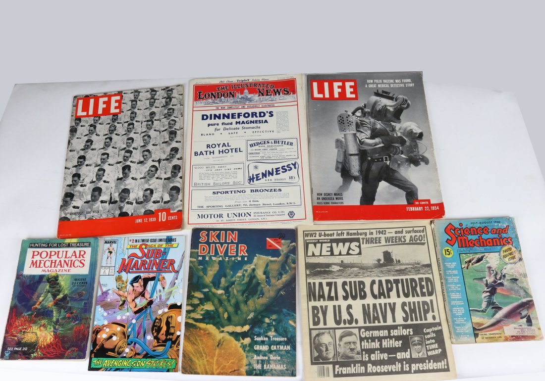 8 Vintage Submarine & Diving Related Magazines: Grouping of submarine and diving related magazines and pulps. The following titles are: 1.Popular Mechanics Magazine, August 1934. Great illustration of diver on cover. Minor creasing and edge war, ov