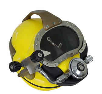 Kirby Morgan Superlite 17 Diving Helmet: This is a classic Kirby Morgan Superlite 17 diving helmet. This helmet has been part of a collection in Europe for many years. The original yellow gelcoat is present. This helmet has been part of a nu