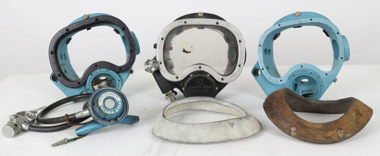 3 Vintage Advanced Diving Equipment Band Masks: This is a grouping of three metal band mask shells that appear to have been made by Advanced Diving Equipment. This company is known for its Model 2000 fiberglass helmet aka Swindell. These shells fea