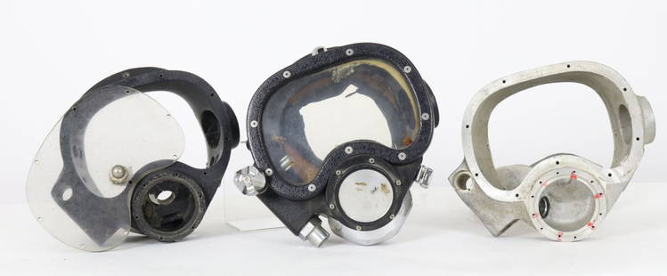 3 Advanced Diving Equipment Manufacturer Shells & Parts: This is a grouping of three metal band mask shells that appear to have been made by Advanced Diving Equipment. This company is known for its Model 2000 fiberglass helmet aka Swindell. The center black