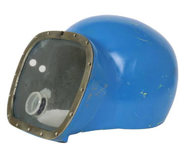 Early Dive Helmet Fiberglass Shell: This is a uniquely styled and likely early 1960s or 1970s fiberglass diving helmet shell. Its style is similar to early Kirby Morgan prototype models. The shell weighs approximately 5 pounds. It is pa