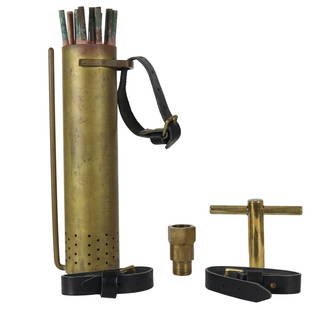 Brass Welding Rod Holder, DESCO Wrench & Morse Non Return Valve: This is a grouping of vintage underwater divers accessory tools. The first item is a brass tube containing underwater welding rods. Next is a canvas suit cuff wrench stamped DESCO. Third is a non-retu