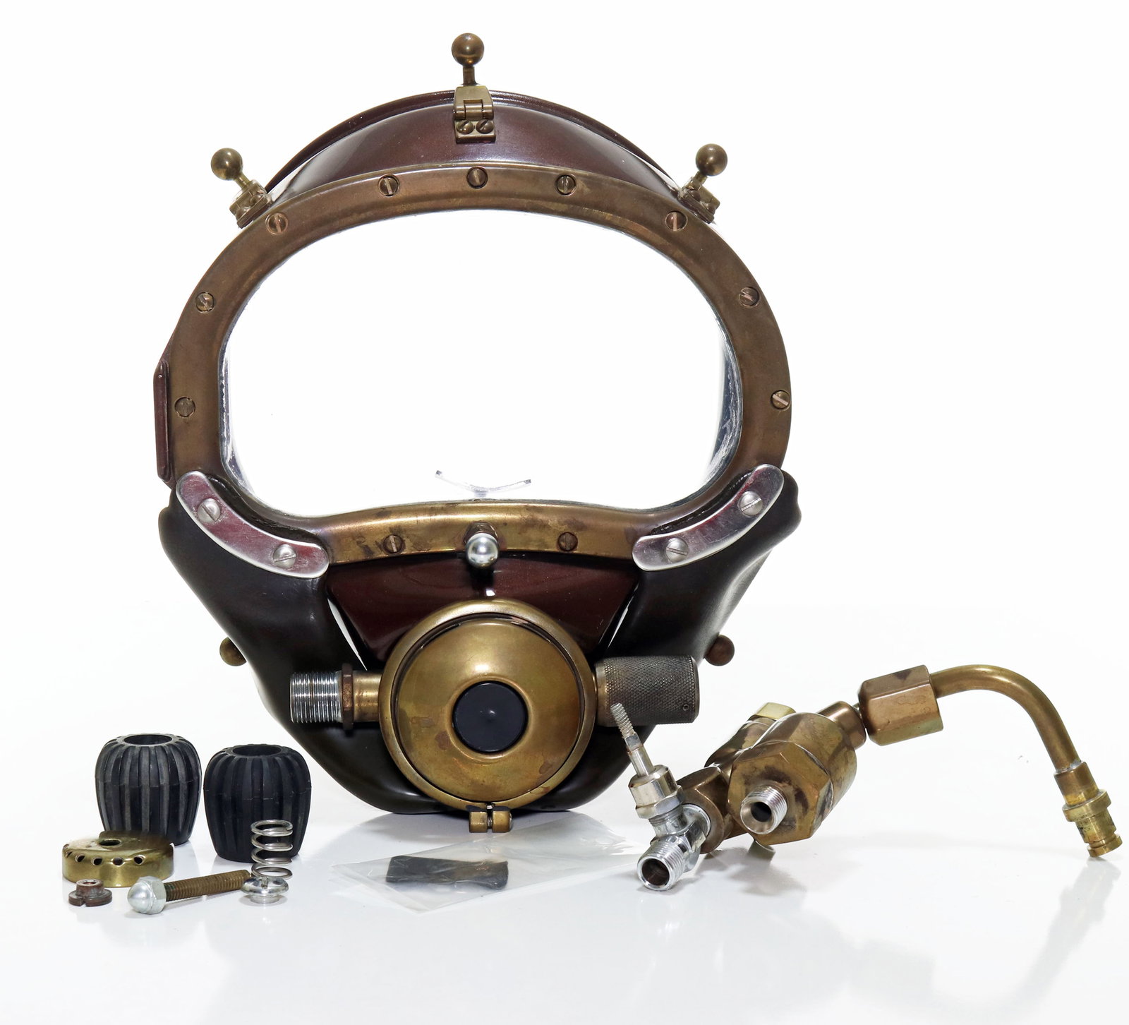 Prototype Kirby Morgan Fiberglass Band Mask: Found as part of a collection, this fiberglass band mask was noted as being a Kirby Morgan prototype. There are no names or stamps on the fiberglass body or brass parts. All the components and shell a