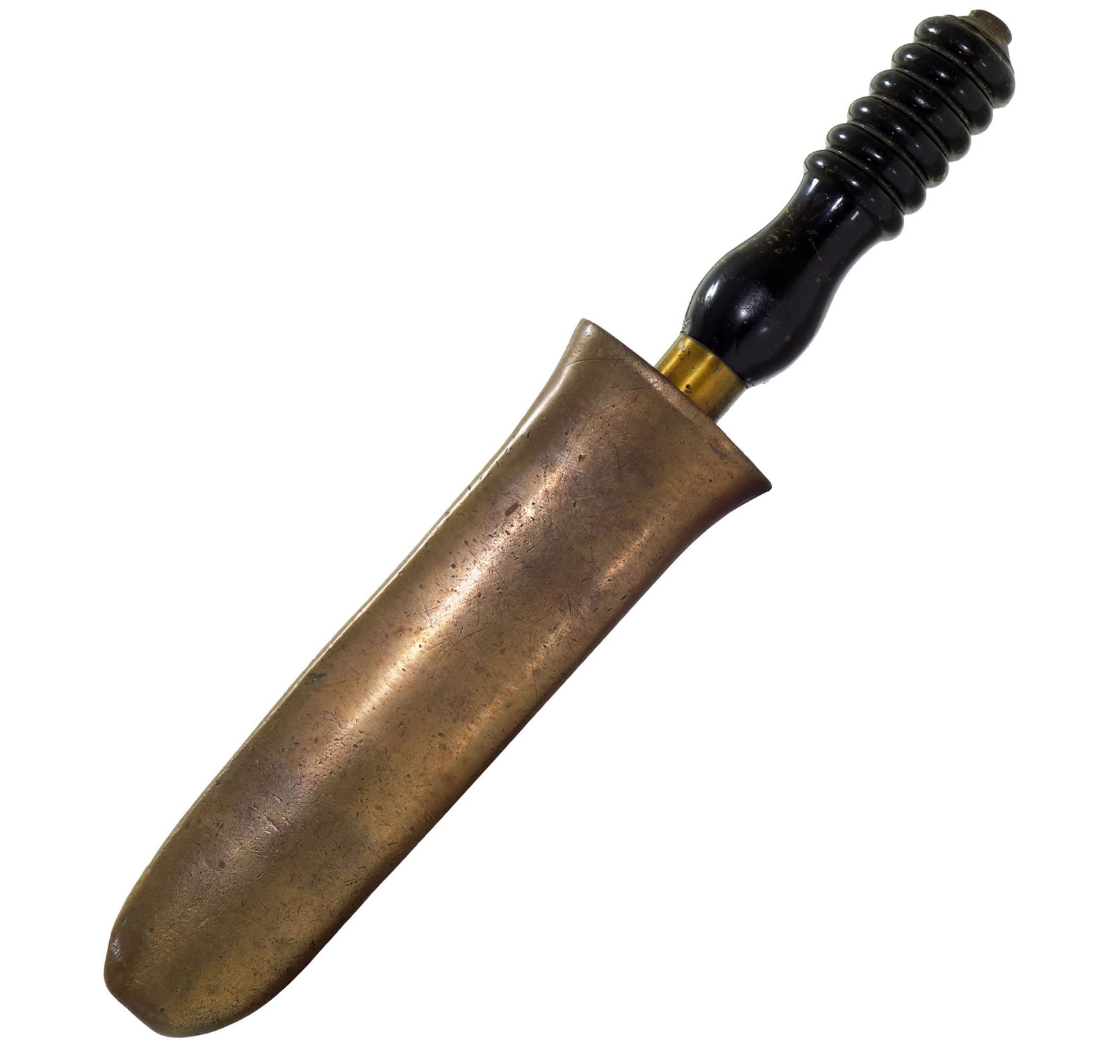 Antique Siebe Gorman Dive Knife: This is an antique dive knife likely made by Siebe Gorman & Co. This example features a very dark brown Bakelite or possibly wood handle with brass hardware and a stainless steel blade. The blade is n