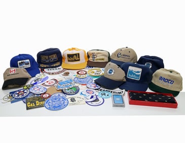 Collection Of Vintage Diving Company Hats, Stickers, Promotional Items