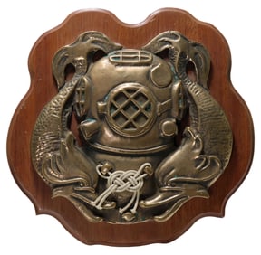 Large US Navy First Class Diver Brass & Wood Plaque