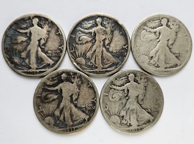 Five Walking Liberty Silver Half Dollars 1917 Set