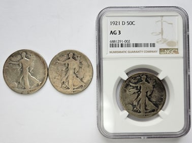 Three Walking Liberty Silver Half Dollars 1921-P-S-D