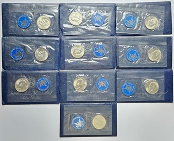 Ten 1973 & 1974 S Eisenhower 40% Silver Dollar US Mint Sets