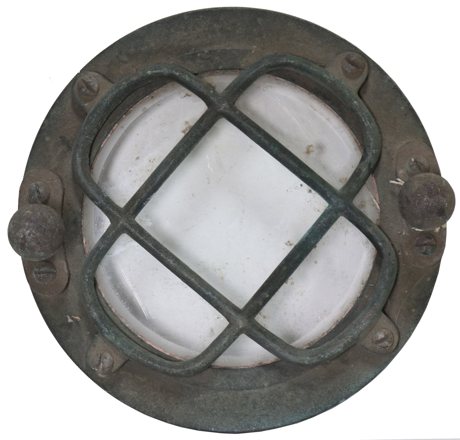 AJ Morse & Son Diving Helmet Threaded Faceplate: This is an authentic and original AJ Morse threaded faceplate. The inner threads measure 5 inches in diameter. The outer frame is 5.75 inches in diameter. The original glass with red lead caulk is int
