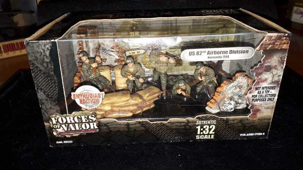 FORCES OF VALOR 1:32 SCALE US 82ND AIRBORNE: FORCES OF VALOR 1:32 SCALE US 82nd AIRBORNE NORMANDY 1944 VERY COLLECTIBLE. THERE'S ROAD SIGNS, BROKEN BUILDINGS, SAND BAGS, BARRELS, BAZOOKAS & MACHINE GUNS & SO MUCH MORE