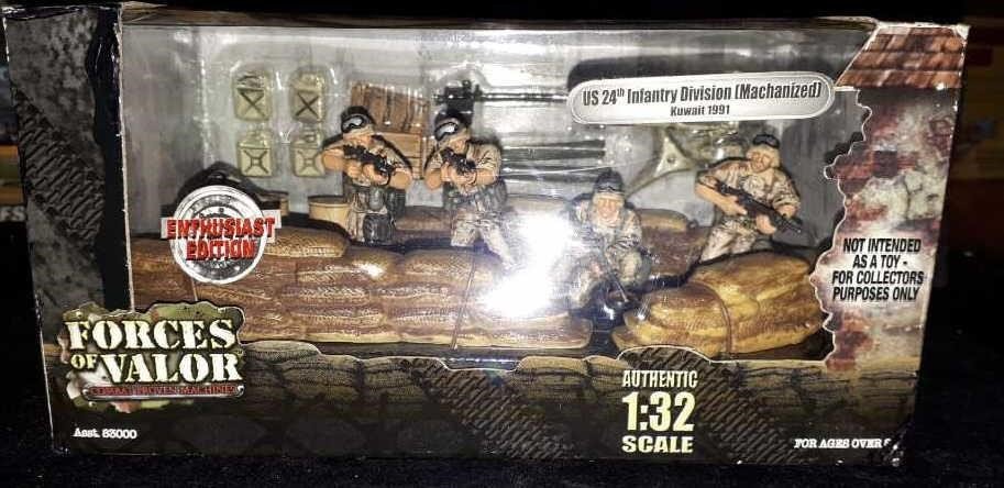 FORCES OF VALOR 1:32 SCALE US 24th INFANTRY NIB: NEW IN BOX VERY NICE FORCES OF VALOR 1:32 SCALE US 24th INFANTRY DIVISION (MECHANISED) KUWAIT 1991. HAS A CANNON A TRIPOD WITH EMPTY SHELLS, CRATES, GAS TANKS, BARRELS & SAND BAGS ETC..