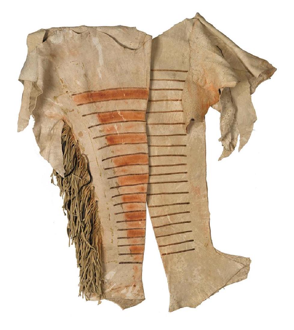 A PAIR OF 19TH CENTURY NATIVE AMERICAN INDIAN BEADWORK: A PAIR OF 19TH CENTURY NATIVE AMERICAN INDIAN BEADWORK RIDING GLOVES AND A PAIR OF NATIVE AMERICAN INDIAN LEGGINGS, of characteristic hand stitched form with scalloped wrists and each glove featuring