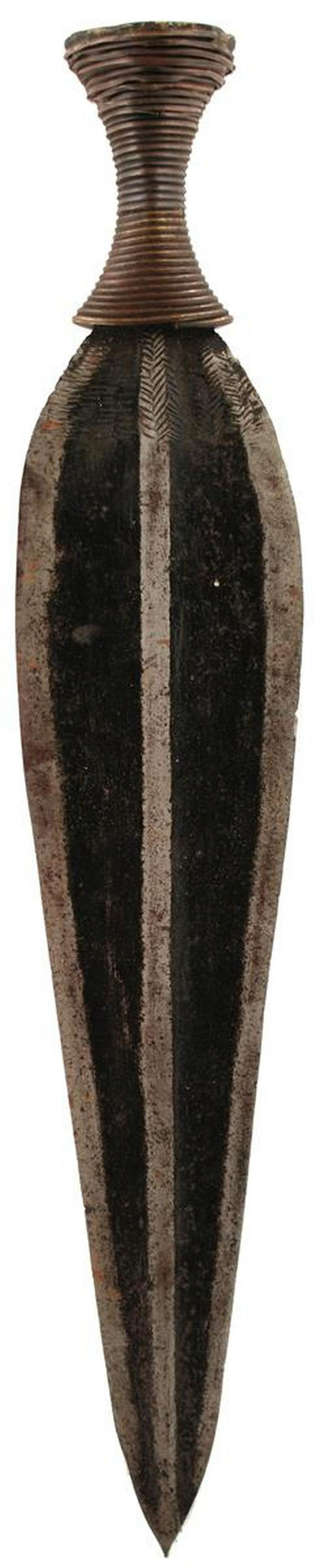 TWO 19TH CENTURY CONGOLESE SHORT SWORDS: TWO 19TH CENTURY CONGOLESE SHORT SWORDS, 37cm leaf-shaped blade chiselled and stippled in the broad fullers, flared wooden grip, together with another similar with copper bound grip and three further 