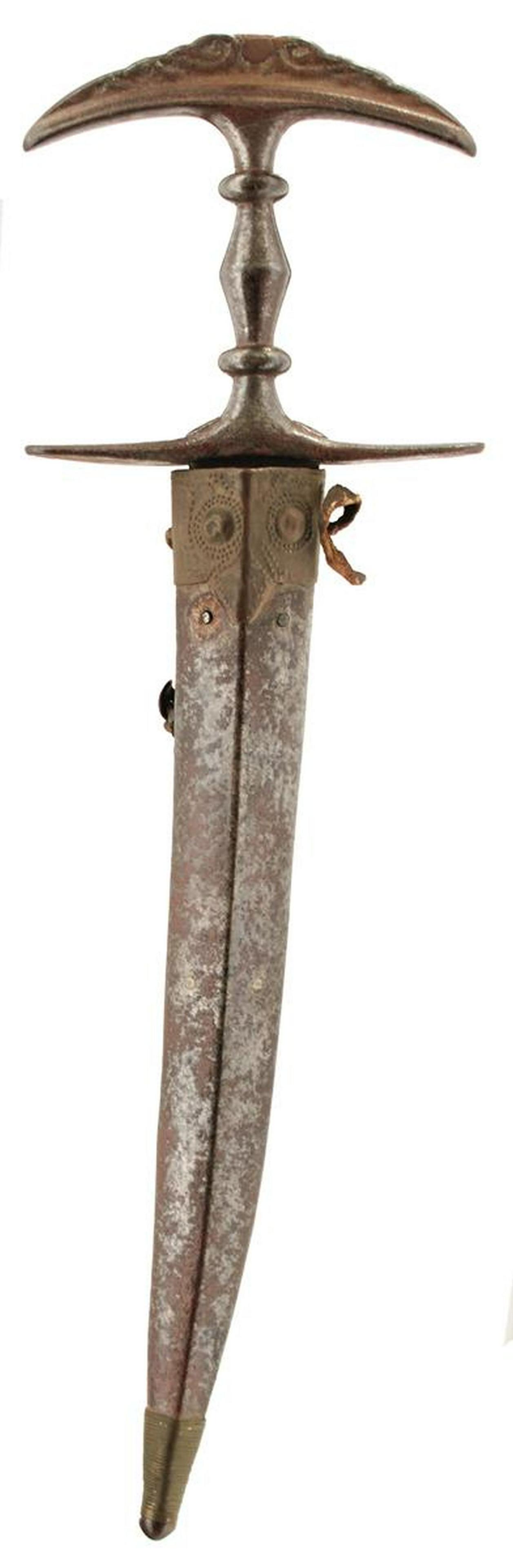 A LATE 18TH OR EARLY 19TH CENTURY HINDU KUSH DAGGER: A LATE 18TH OR EARLY 19TH CENTURY HINDU KUSH DAGGER, 22cm blade, characteristic iron hilt with broad crossguard and large T-form pommel, contained in its iron and wooden scabbard, together with two cr