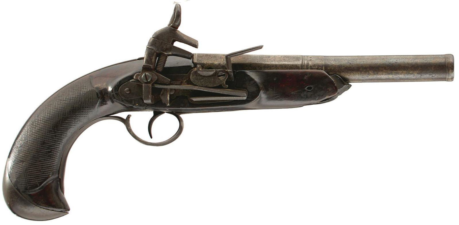 A 16-BORE SPANISH HOLSTER OR OFFICER'S PISTOL, 7.5inch: A 16-BORE SPANISH HOLSTER OR OFFICER'S PISTOL, 7.5inch barrel decorated with foliage, plain lock, half stocked with steel mounts, fore-end cap lacking, together with a white metal mounted 22-bore Cont
