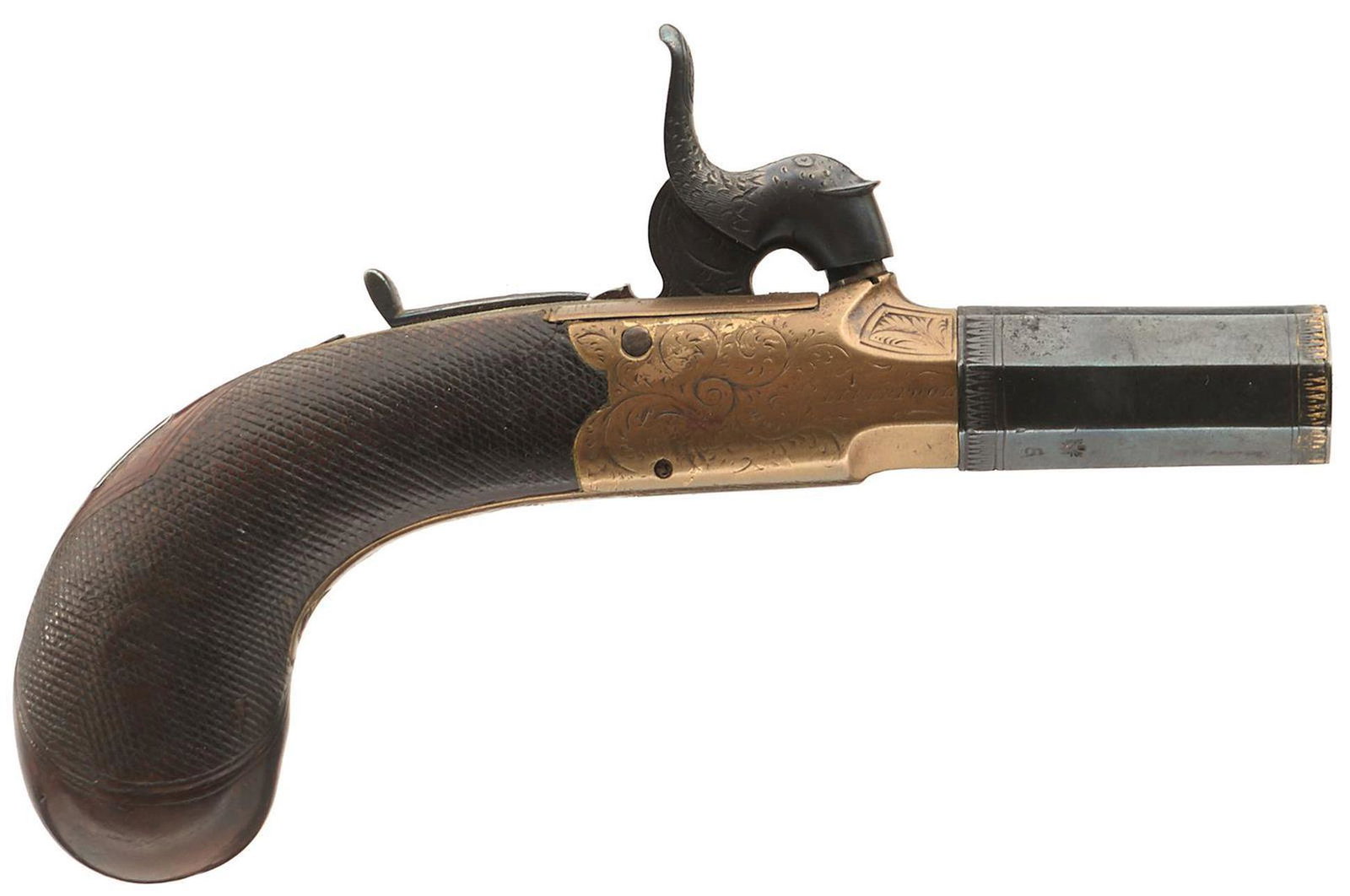 AN 80-BORE PERCUSSION BOXLOCK POCKET PISTOL, 1.5inch: AN 80-BORE PERCUSSION BOXLOCK POCKET PISTOL, 1.5inch turn off octagonal barrel, border and scroll engraved brass action signed HOLMES, LIVERPOOL, sliding safety, folding trigger, chequered bag-shaped 