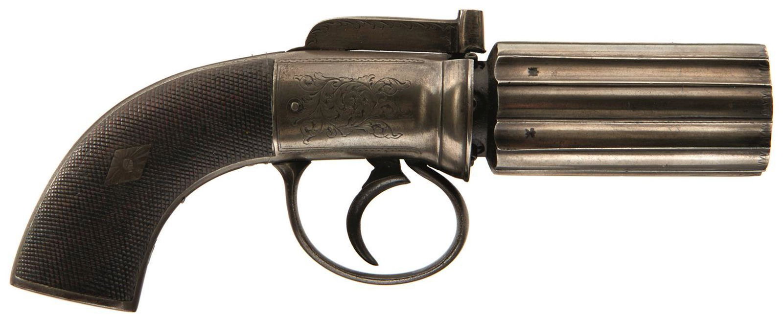 A 120-BORE SIX-SHOT PERCUSSION PEPPERBOX REVOLVER BY: A 120-BORE SIX-SHOT PERCUSSION PEPPERBOX REVOLVER BY MARSH OF PONTEFRACT, 3inch fluted barrels, border and scroll engraved rounded action signed H. MARSH PONTEFRACT, border and scroll engraved steel m