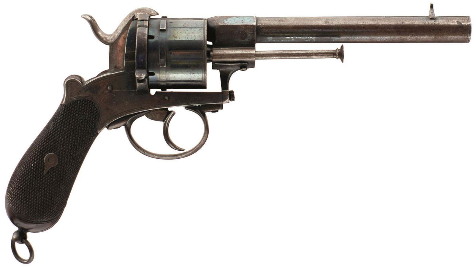 A 54-BORE SIX-SHOT ENGLISH PINFIRE REVOLVER, 6inch: A 54-BORE SIX-SHOT ENGLISH PINFIRE REVOLVER, 6inch sighted barrel with Birmingham proof marks to the underside, border engraved blued cylinder, border engraved frame with traces of blued finish, chequ