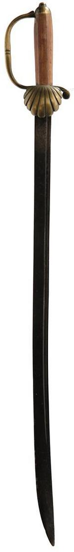 A 17TH CENTURY SHOTLEY BRIDGE HANGER, 67cm slightly: A 17TH CENTURY SHOTLEY BRIDGE HANGER, 67cm slightly curved fullered blade struck with a mark to the left side, characteristic brass hilt with D-shaped knuckle bow and down turned shell guard, plain wo