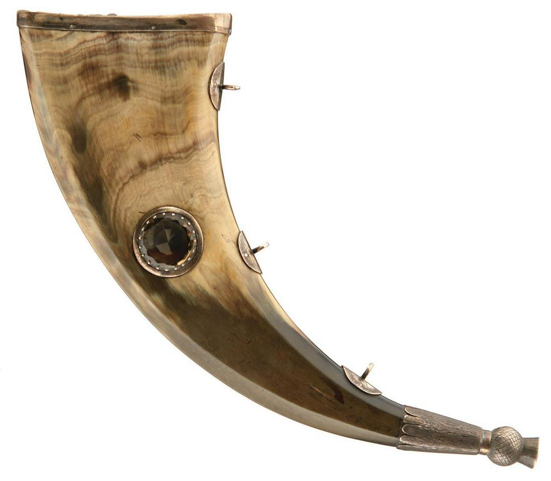 A VICTORIAN SCOTTISH DRESS POWDER HORN, the white metal (1 of 7)