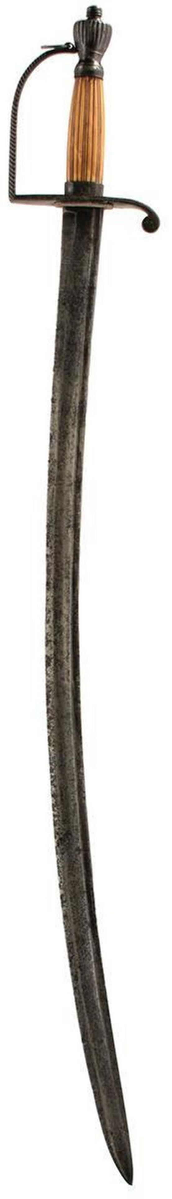 AN 18TH CENTURY OFFICER'S HANGER BY GILL, 73cm double: AN 18TH CENTURY OFFICER'S HANGER BY GILL, 73cm double fullered curved blade by Gill, regulation steel hilt with faceted D-shaped knuckle guard, reeded urn pommel and reeded ivory grip.