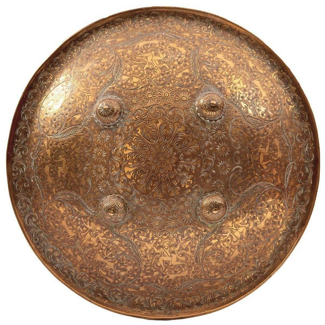 A 19TH CENTURY INDIAN BRASS DHA, the 39cm diameter body (1 of 6)