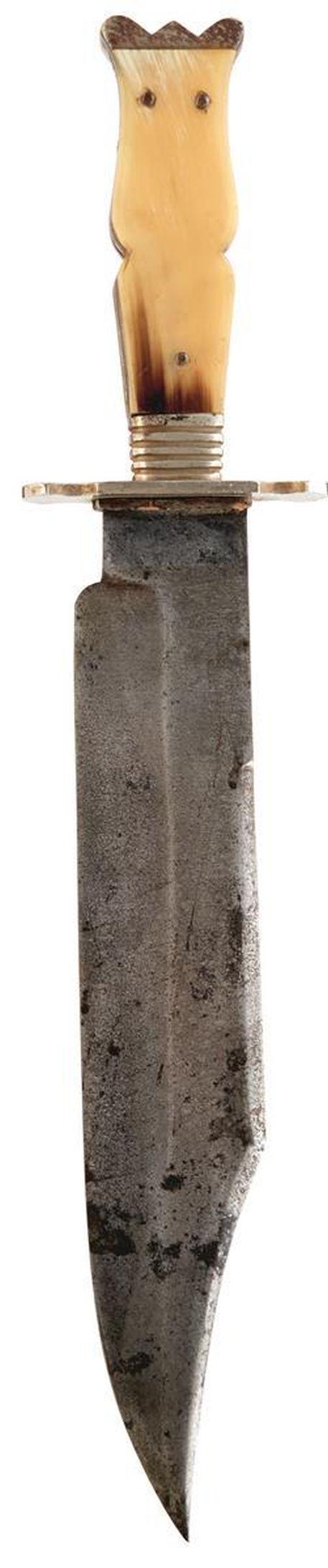 A 19TH CENTURY BOWIE KNIFE, 27.5cm blade by ALEXANDER: A 19TH CENTURY BOWIE KNIFE, 27.5cm blade by ALEXANDER of SHEFFIELD with clipped back point, plated hilt with two-piece riveted horn grips, one with vacant white metal escutcheon.