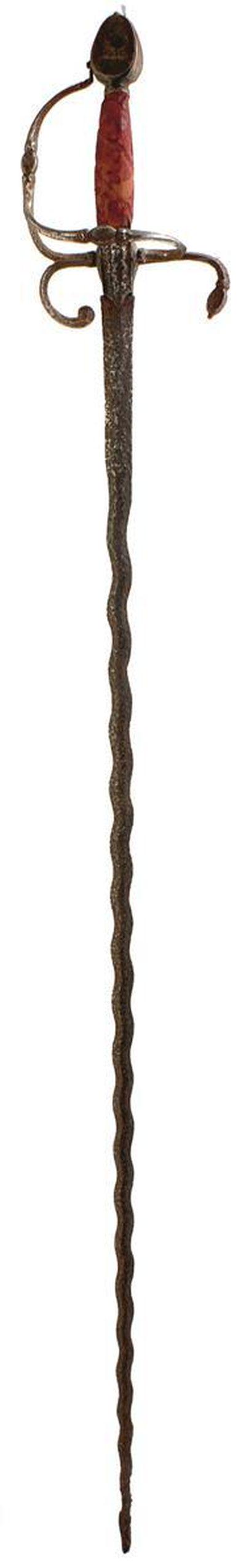 A 17TH CENTURY NORTH EUROPEAN RELIC RAPIER, 83cm: A 17TH CENTURY NORTH EUROPEAN RELIC RAPIER, 83cm patinated wavy blade, characteristic swept hilt composed of square section bars, grip and pommel later replacements, together with a mid 17th Century E