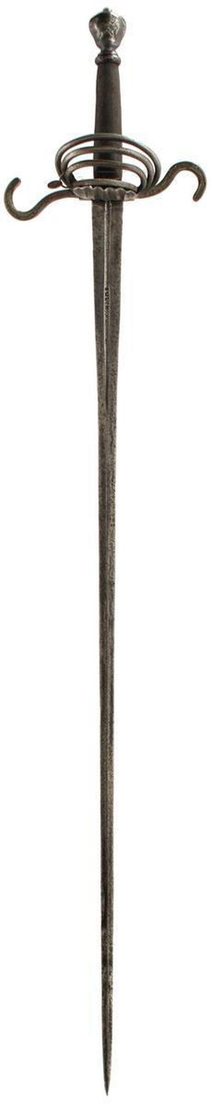 A COMPOSITE SHORT RAPIER OR RIDING SWORD, 78cm: A COMPOSITE SHORT RAPIER OR RIDING SWORD, 78cm flattened diamond section two-stage blade stamped SOLINGEN in the short central fuller on either side, re-curved flattened S form quillons, the guard of 