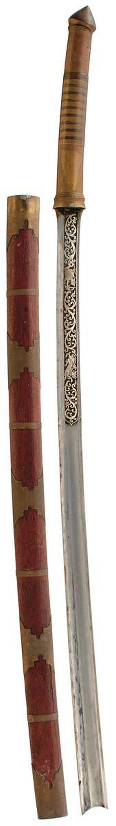 A 19TH CENTURY BURMESE DHA, 61cm curved clean blade: A 19TH CENTURY BURMESE DHA, 61cm curved clean blade with dual tip, finely decorated with a panel of silvered scrolling foliage containing the figure of a huntsman chasing a mythical beast, further dec