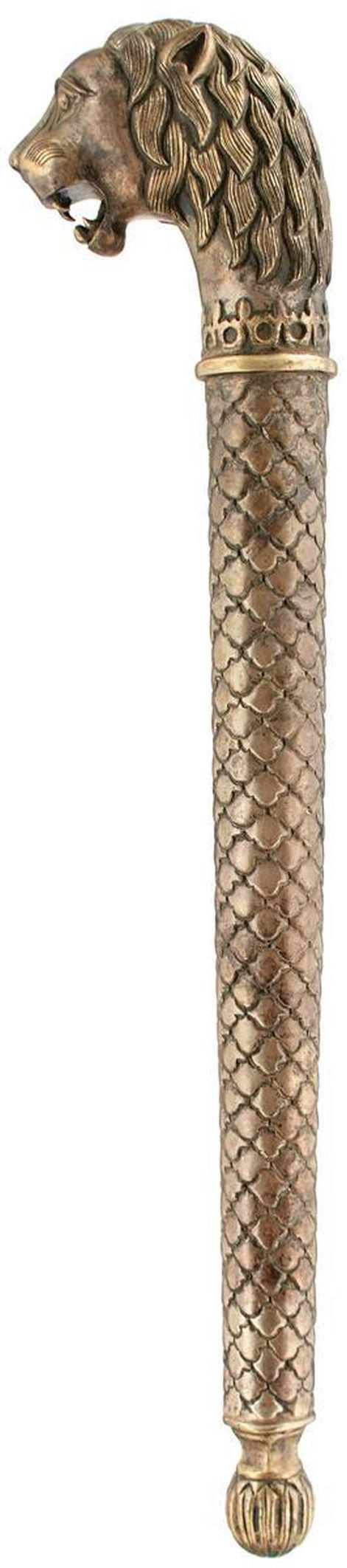 A HOLLOW WHITE METAL INDIAN LION HEADED MACE, 54cm over: A HOLLOW WHITE METAL INDIAN LION HEADED MACE, 54cm over all length, the tapering body decorated with scales, bold lion's head terminal, together with an Indian dagger, with carved horn hilt in the for