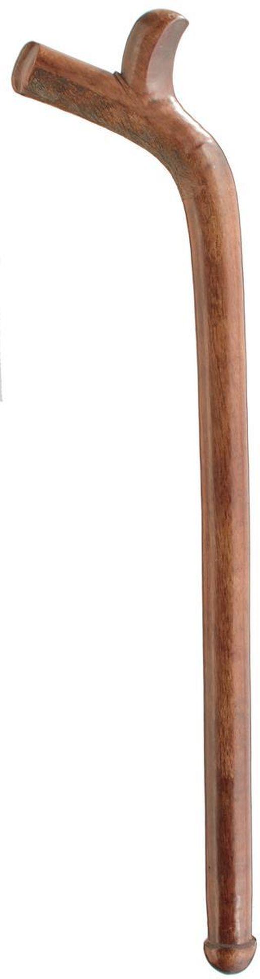 A FIJIAN GATA OR GUN STOCK TRIBAL CLUB, 93cm over all: A FIJIAN GATA OR GUN STOCK TRIBAL CLUB, 93cm over all length, the curved head with splitter terminal and faceted recurved terminal, crudely chequered to the underside, the haft with swollen terminal.