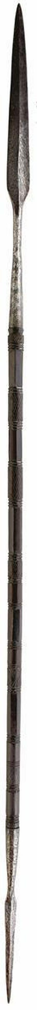 A 19TH CENTURY TRIBAL SPEAR, 163cm over all length,: A 19TH CENTURY TRIBAL SPEAR, 163cm over all length, flattened diamond section leaf-shaped large head with raised medial ridge, the wooden haft carved with bands of geometric designs, the opposing end 