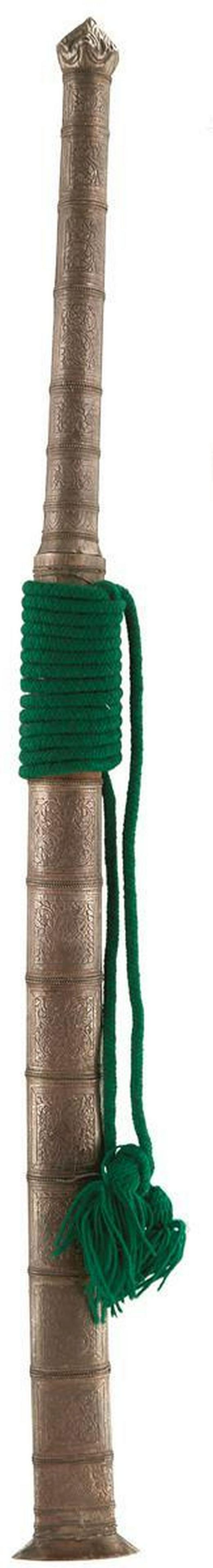 A BURMESE DHA, 50.5cm blade, characteristic white metal: A BURMESE DHA, 50.5cm blade, characteristic white metal wrapped wooden hilt decorated over all with bands of scrolling foliage, contained in its white metal wrapped wooden scabbard, decorated to match