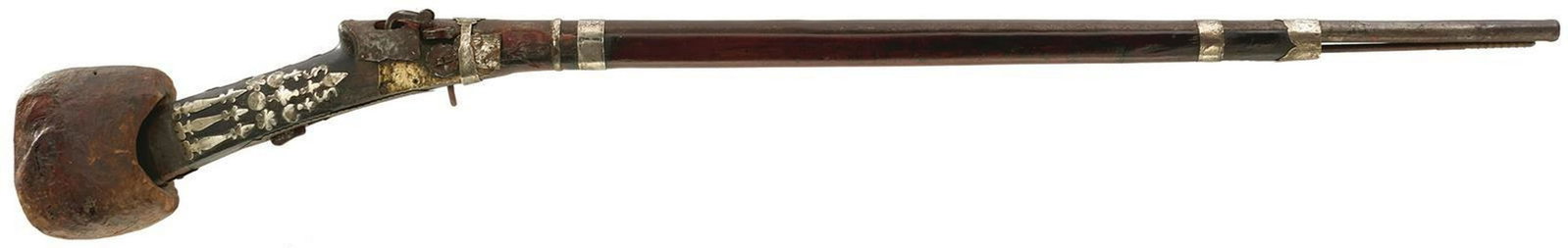 AN INTERESTING 19TH CENTURY ARABIAN MATCHLOCK LONGGUN,: AN INTERESTING 19TH CENTURY ARABIAN MATCHLOCK LONGGUN, 37inch barrel secured with five white metal barrel bands, full stocked with characteristic brass and white metal mounts, steel ramrod. For a gun 